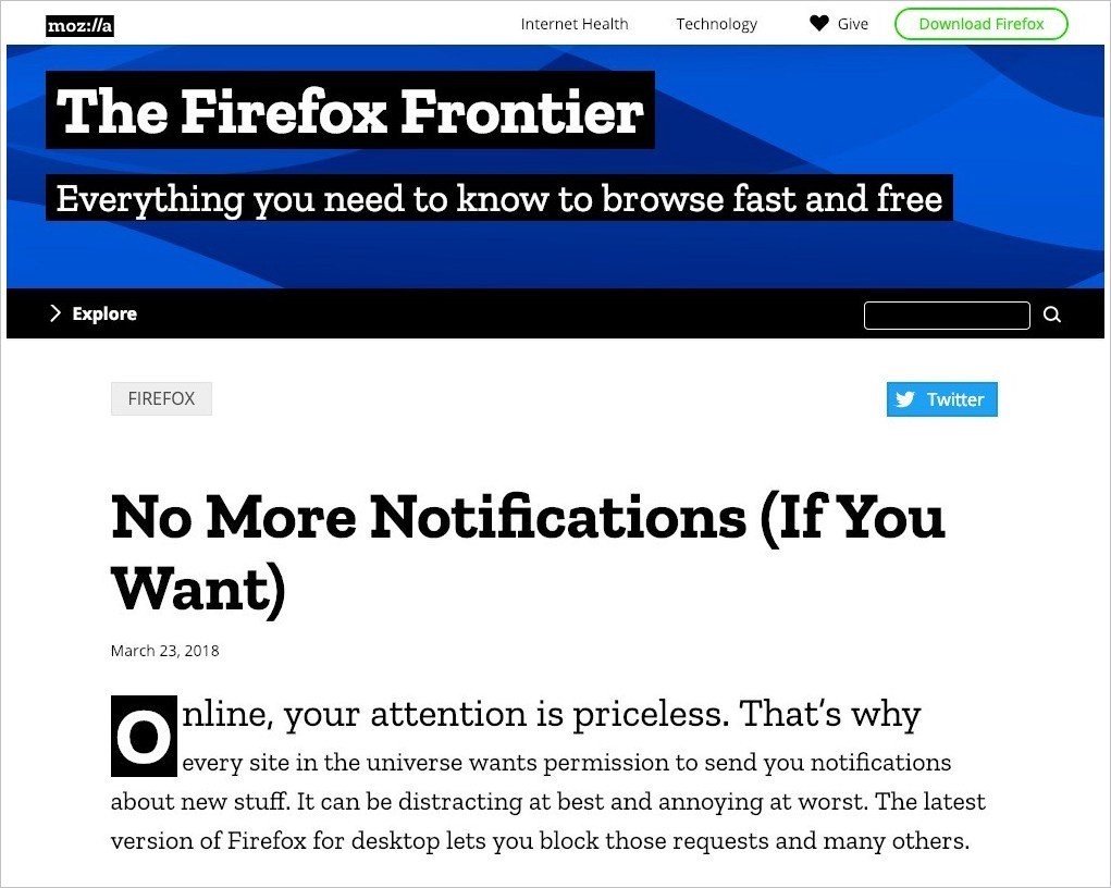 Blog post by Mozilla announcing the option to block push notifications globally.