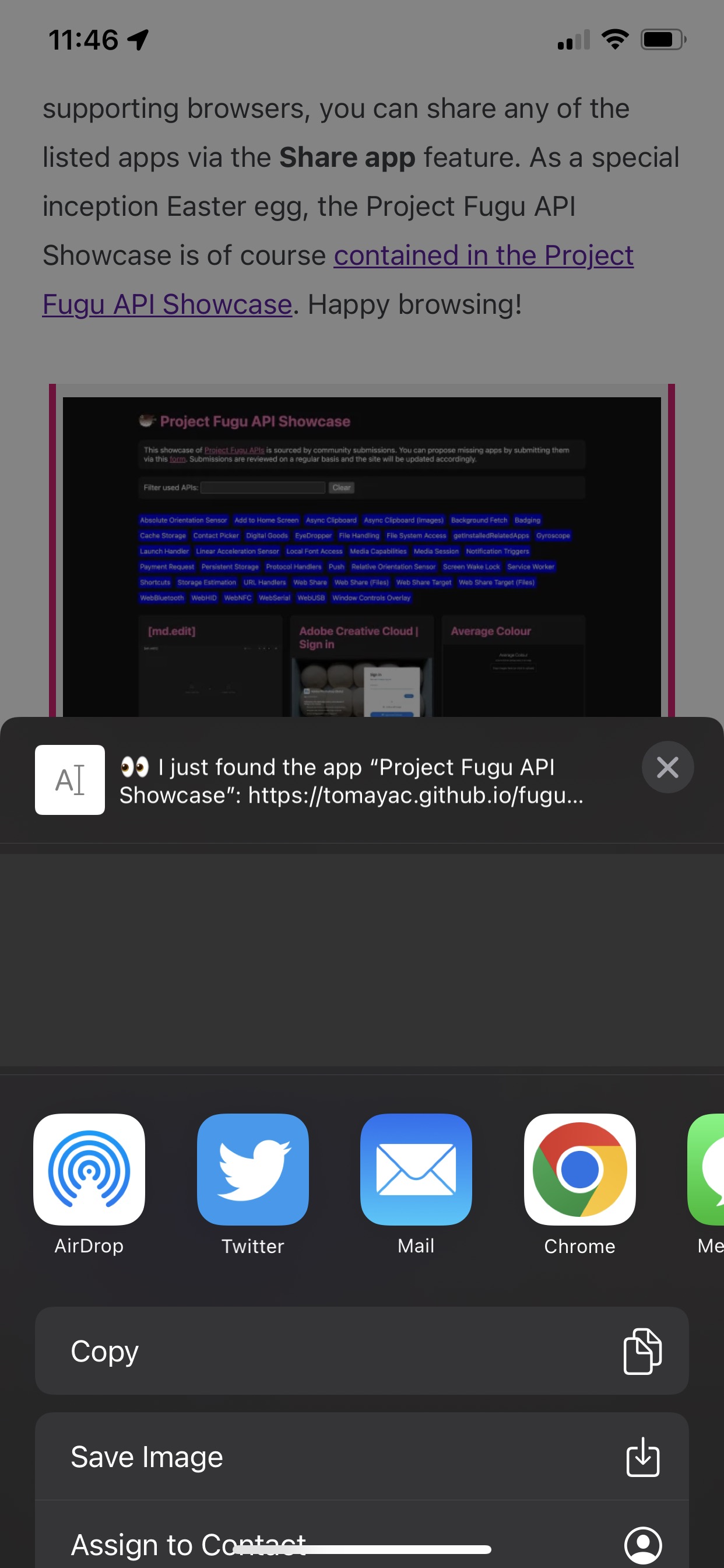 Project Fugu API Showcase and the iOS Share Sheet