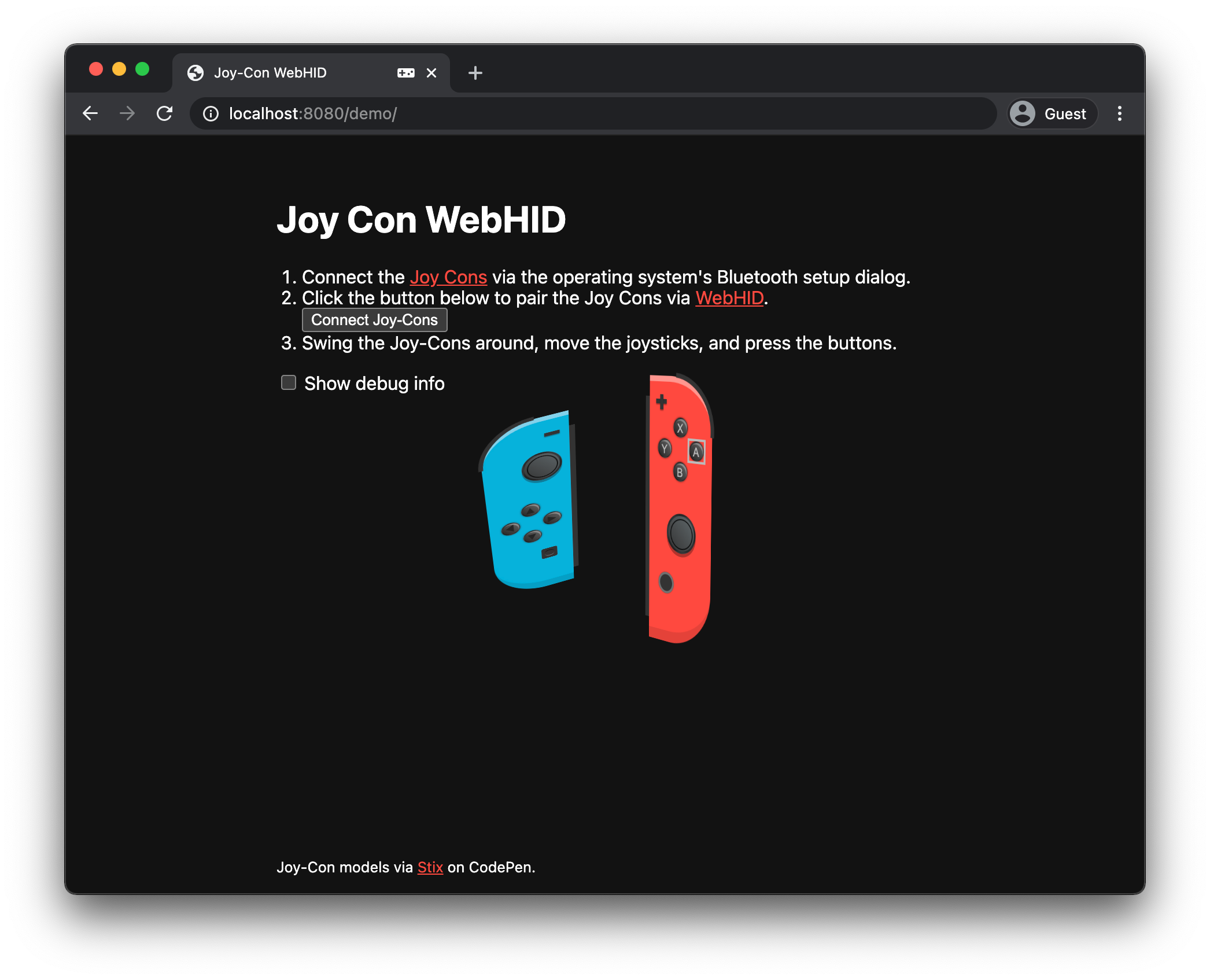 Joy-Con WebHID demo showing two Joy-Cons slightly tilted with one of the analog sticks moved to the right on one Joy-Con and the 'A' button pressed on the other.