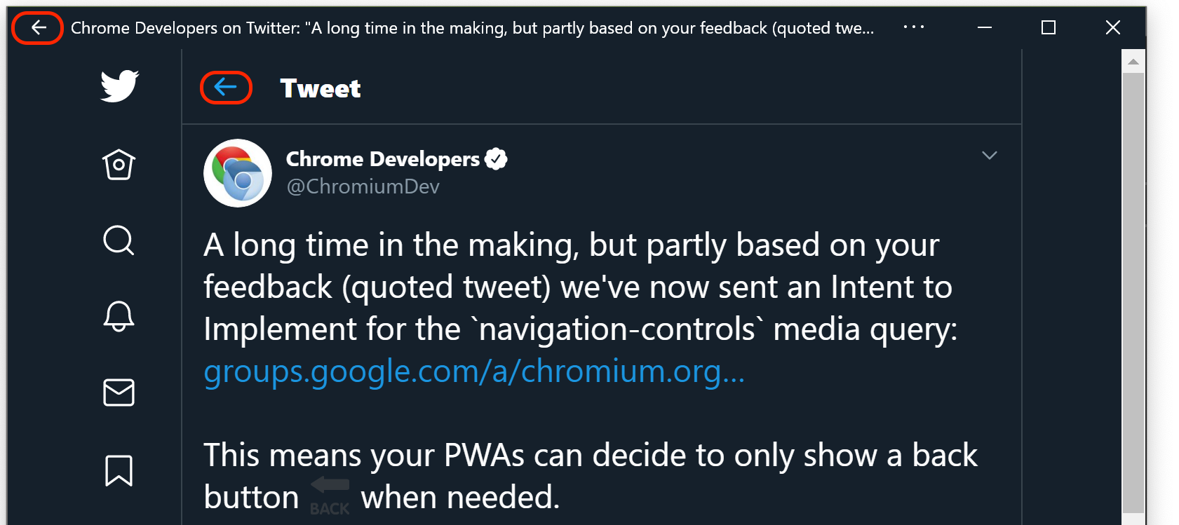 Two back buttons in Twitter's PWA, one from Windows 10, one from the app.