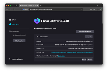 Special about:debugging page in Firefox Nightly.