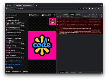 SVGcode app with blocked cookies working and showing caught exceptions in the DevTools console.