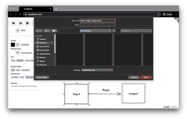 Excalidraw web app with open "file save" dialog.