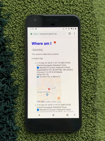 Where Am I 📍 tracker application running on a Pixel 1 (Source: https://tomayac.github.io/blogccasion-demos/whereami/).