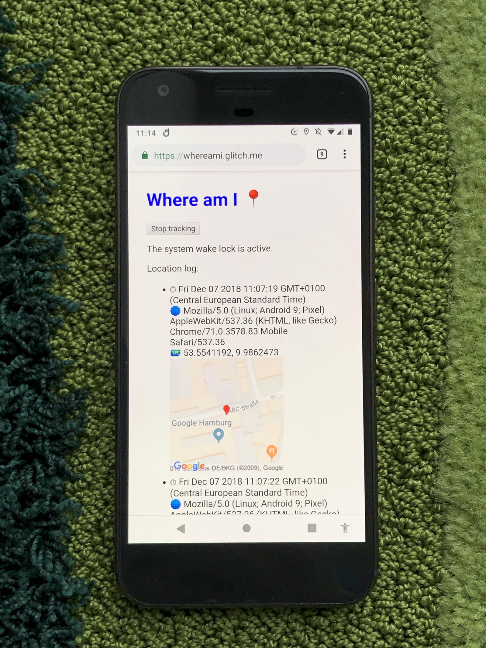 Where Am I 📍 tracker application running on a Pixel 1 (Source: https://whereami.glitch.me/).