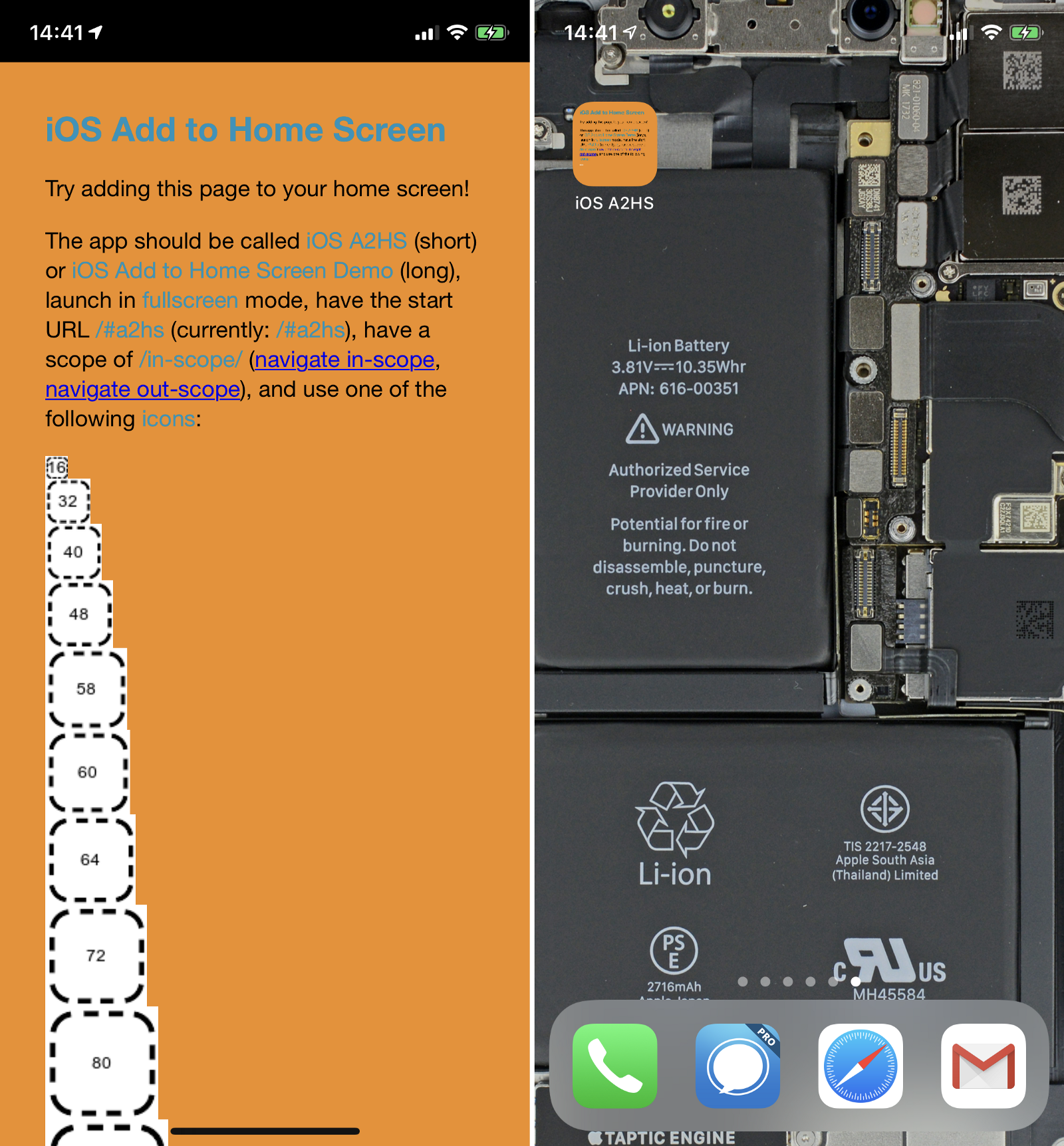 iOS Add to Home Screen tool (left) showing iOS still ignores icons specified in its Web App Manifest (right).