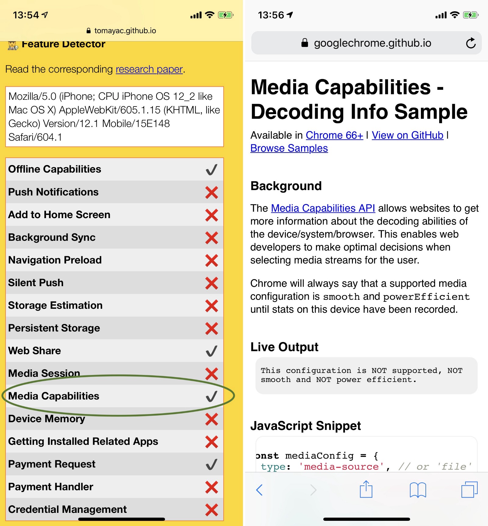 Media Capabilities API support is the forth checkmark in PWA Feature Detector (left). The demo (right) lets the app know that the media configuration will not be supported, not play smoothly, and not be power efficient.
