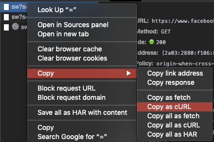 Fetch a resource exactly as the browser did with “Copy as cURL” or “Copy as fetch”