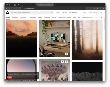 Injected overlay with an accurate image description on the Unsplash homepage.