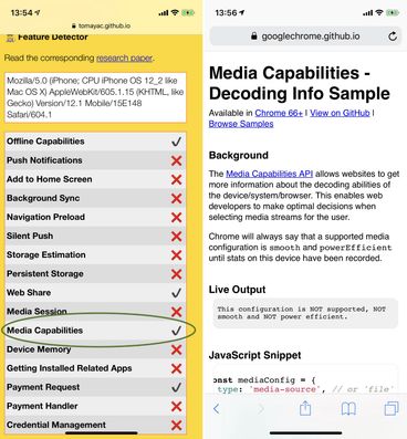 Media Capabilities API support is the forth checkmark in PWA Feature Detector (left). The demo (right) lets the app know that the media configuration will not be supported, not play smoothly, and not be power efficient.