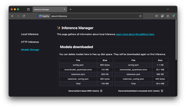 Inference manager on about:inference special page with overview of downloaded models.