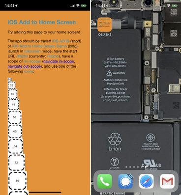 iOS Add to Home Screen tool (left) showing iOS still ignores icons specified in its Web App Manifest (right).