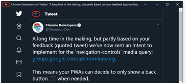 Two back buttons in Twitter's PWA, one from Windows 10, one from the app.