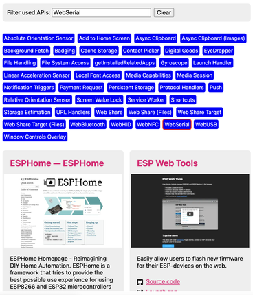 Project Fugu API Showcase filtered on apps that use the Web Serial API